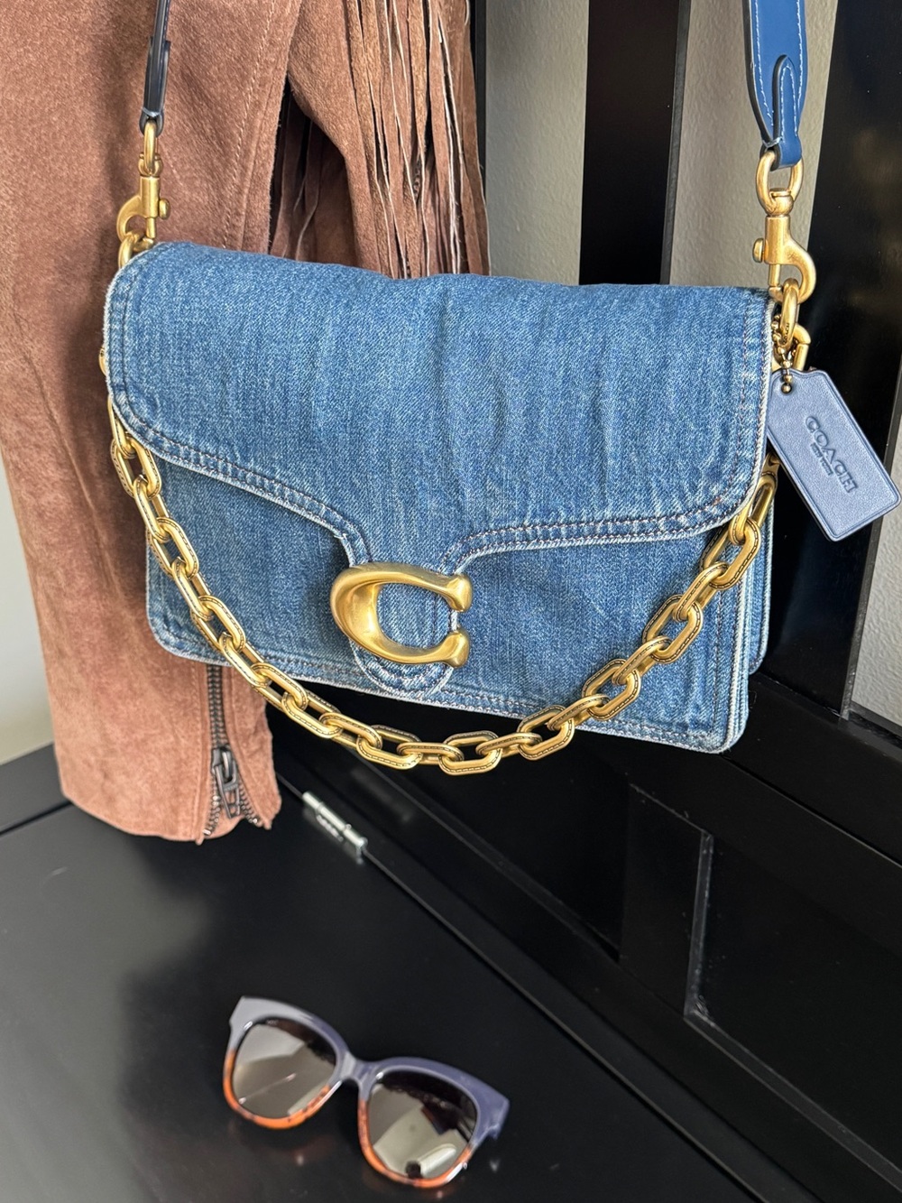 Coach Pillow Tabby 26 Denim Chain Shoulder Bag Large Blue Jean Crossbody - Picture 3 of 16
